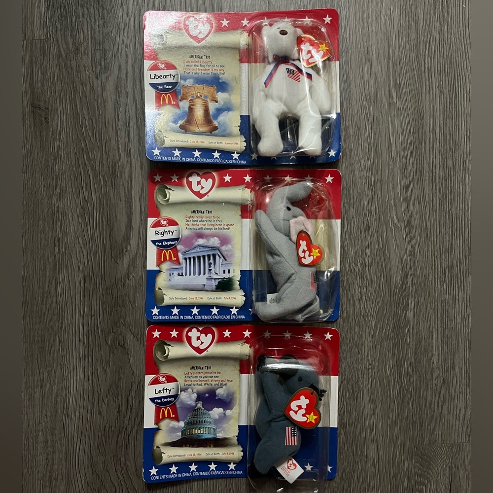 Ty Beanie Baby Liberty Lefty & Righty The American Trio Vintage New Old Stock